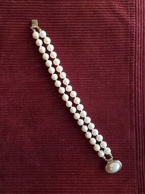 Classic Double-Strand White Faux Glass Pearl Bracelet with Gold Clasp